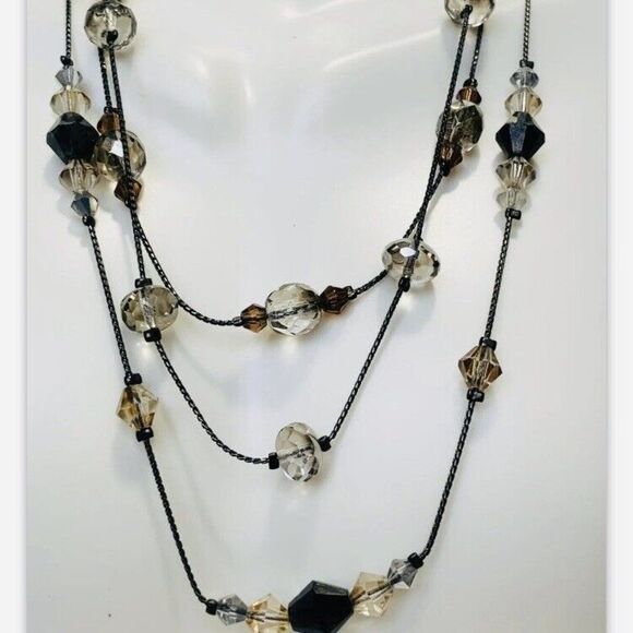 Vintage Faceted Shimmering Glass Beaded Gun Metal Multi 3 Tier Necklace 18” - Picture 2 of 7